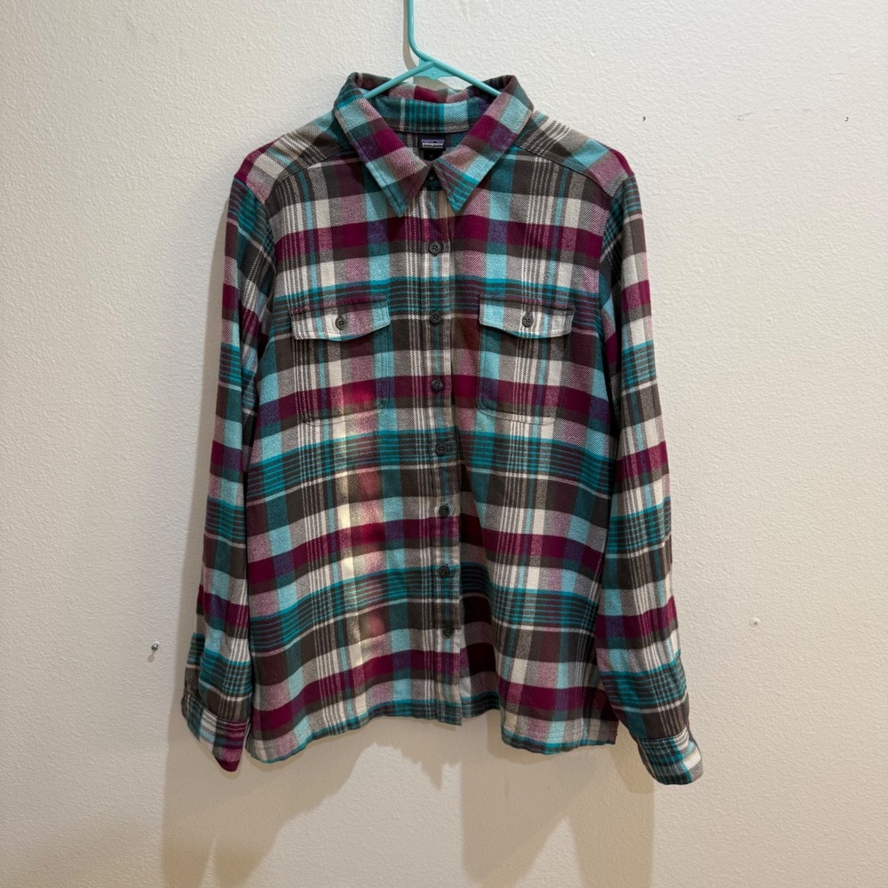 Patagonia Organic Cotton Flannel Shirt Womens 14 Teal Magenta Plaid Button Down